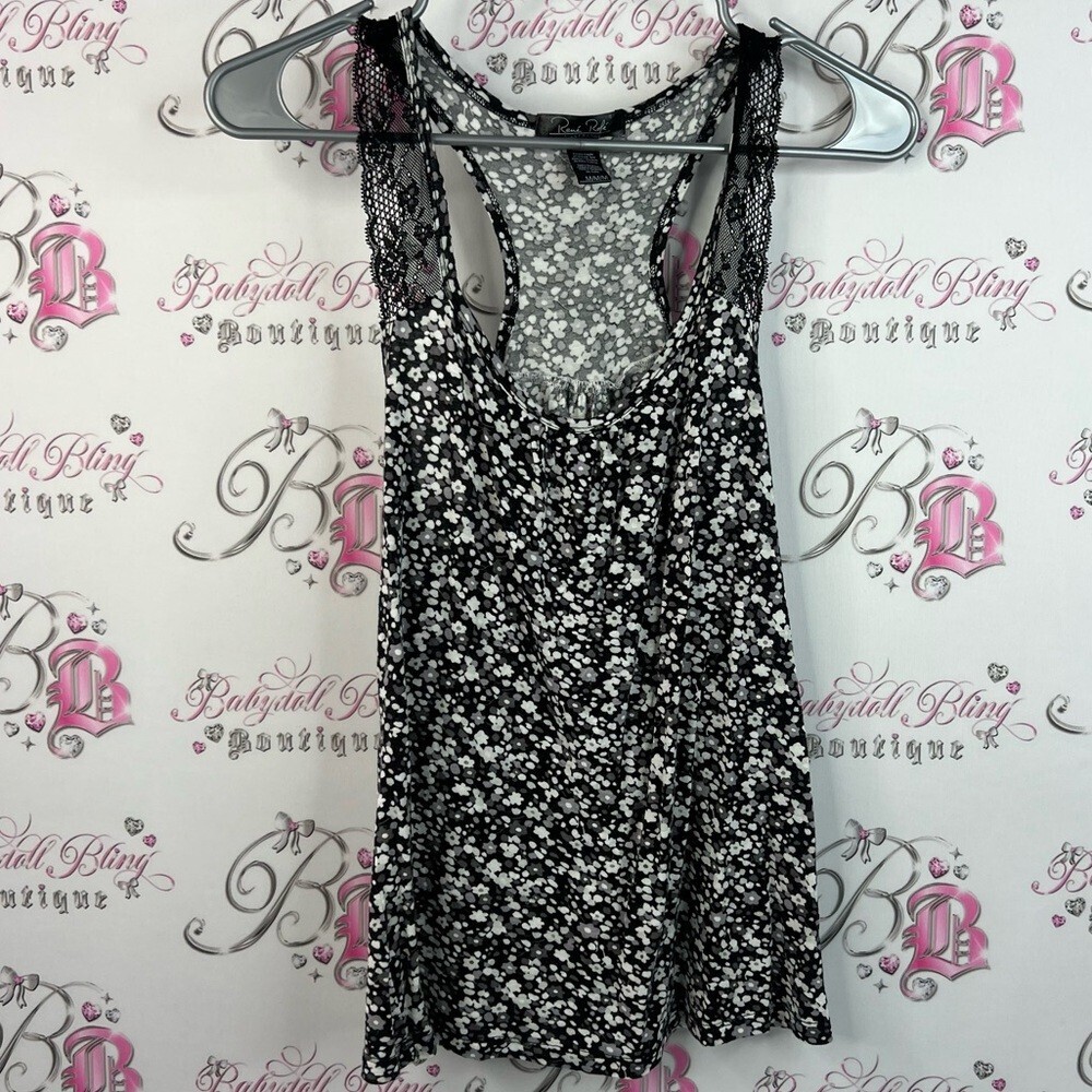 Rene Rofe tank top flowers lace racer back Lacie Black and White Floral Chemise